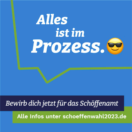 Ein animiertes Bild mir verschieden Slogans, die zur Bewerbung zum Schöffenamt motivieren sollen.